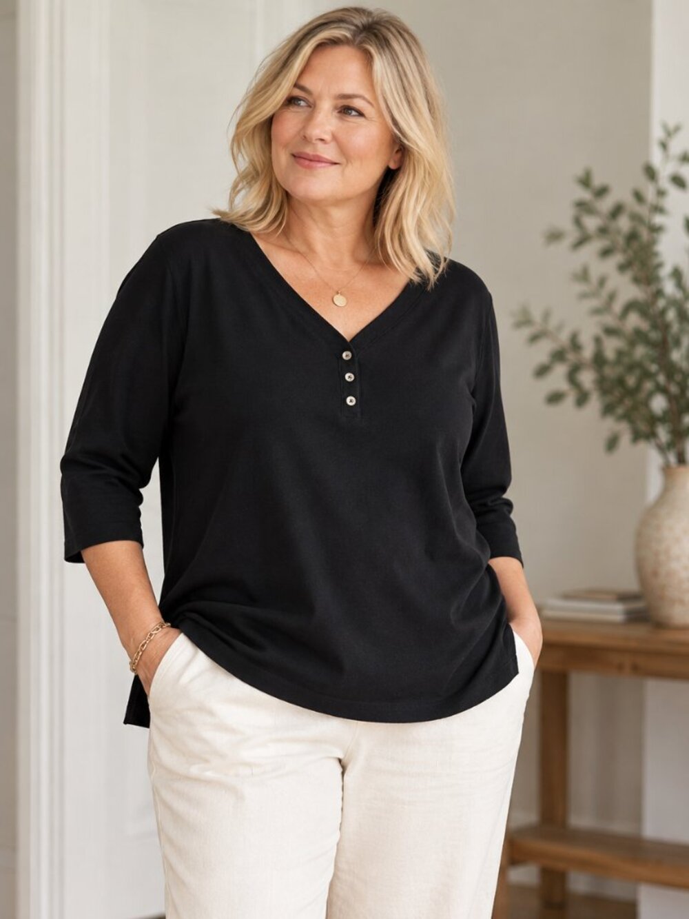 Croft & Barrow 100% Cotton Black Henley Top Size 1X